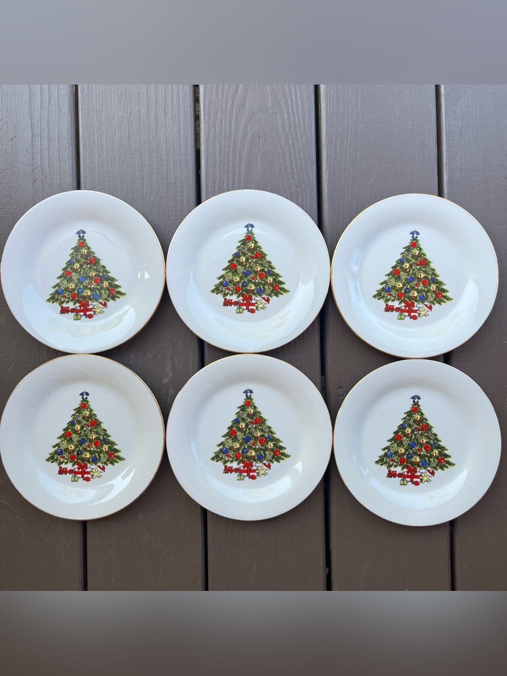 Vintage Seagull 6 Christmas Tree Toys Salad Plates Gold Trim Holiday Jian Shiang